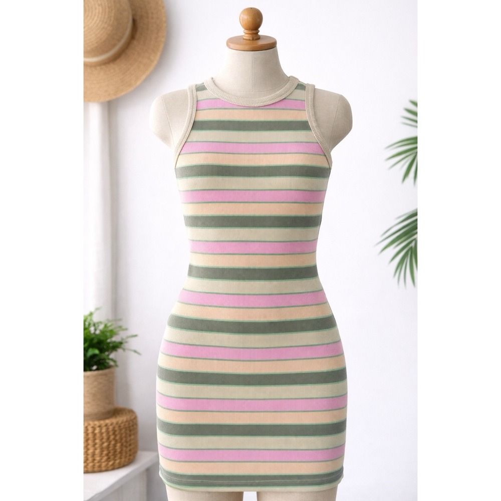 Roxy Ribbed Tank Dress Striped Pink Green Beige Bodycon XS